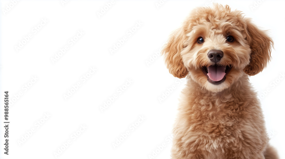 A smiling Golden Doodle sitting with its curly fur bouncing in the light, on a white background, its happy expression radiating warmth. A smiling Golden Doodle sitting with its curly fur bouncing in the light, on a white background, its happy expression radiating warmth.