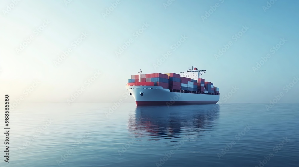 A container ship sails on a calm blue ocean. A container ship sails on a calm blue ocean.
