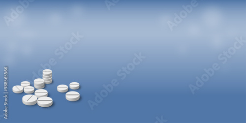 aspirin copy-space. Medicine pill 3D isometric on blue blur background fot text copy space