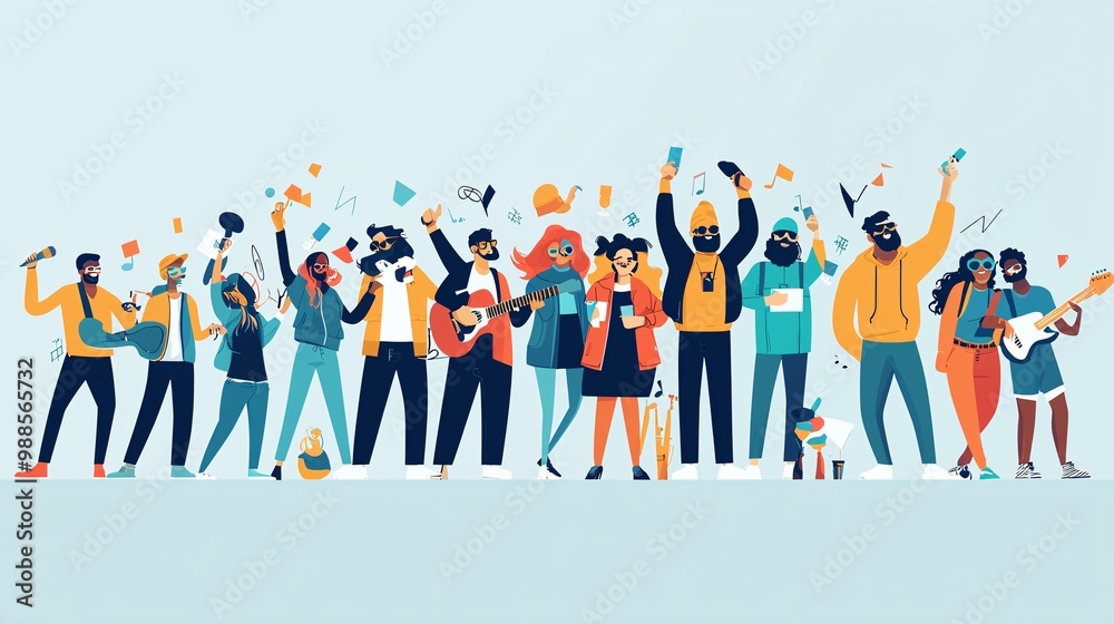 Obraz premium Flat illustration of people at a music festival.