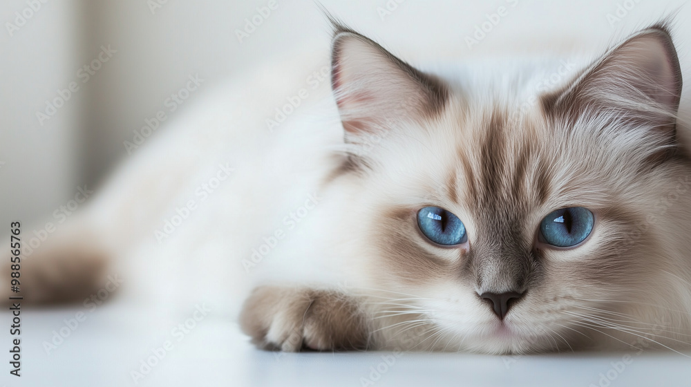 A Ragdoll cat with soft, silky fur, lying comfortably on a white background, its blue eyes and relaxed posture giving a sense of calm. A Ragdoll cat with soft, silky fur, lying comfortably on a white background, its blue eyes and relaxed posture giving a sense of calm.