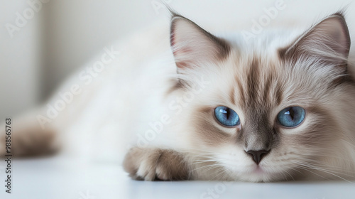 A Ragdoll cat with soft, silky fur, lying comfortably on a white background, its blue eyes and relaxed posture giving a sense of calm.