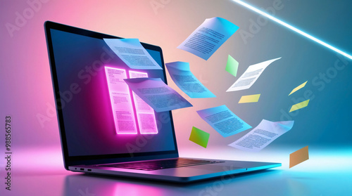 digital files and laptop on neon background. Working with documents online, digitalization and data storage concept