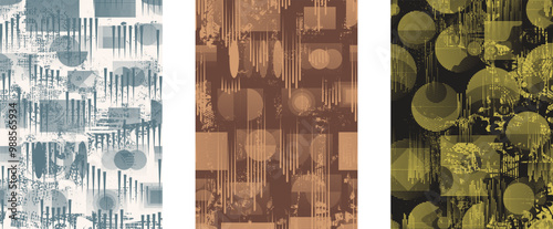 Set of posters with glitch distorted grunge texture. Poster collection texture with halftone dots, glitched shapes, textures and lines .Screen print vector poster pack with grunge textured surface