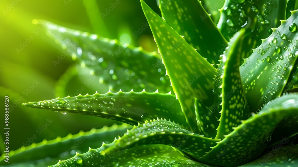 Close-up of Dewy Green Aloe Vera Plant Leaves. Close-up of Dewy Green Aloe Vera Plant Leaves.
