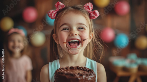 Little girl with chocolate cake, smiling happily at a birthday party with colorful balloons in the background. Fun and joyful celebration moment with cake on her face.