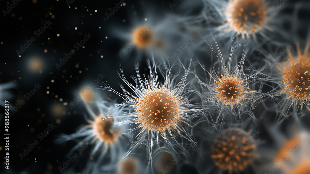 High-resolution close-up of pollen grains, displaying their spiked surface and intricate shapes against a deep black background under the microscope. High-resolution close-up of pollen grains, displaying their spiked surface and intricate shapes against a deep black background under the microscope.