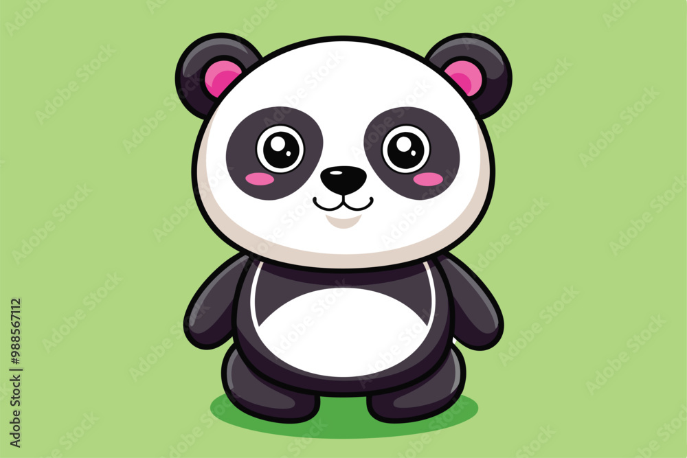 Naklejka premium A cheerful panda character smiles joyfully, surrounded by a bright green backdrop, a cartoon character Cute panda