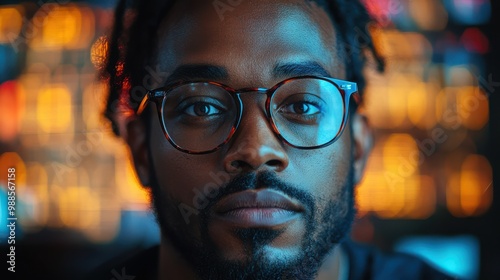 Close-up portrait of a man with glasses reflecting glowing digital data screens. Tech innovation, digital world, and focused coding in a futuristic setting.