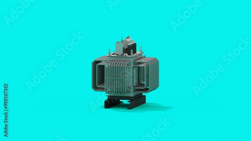 Oil immersed electric power transformer with a cooling system on clean background. Important component of the elecrticity substantion, as a part of electric energy transformation and distribution. 3D 