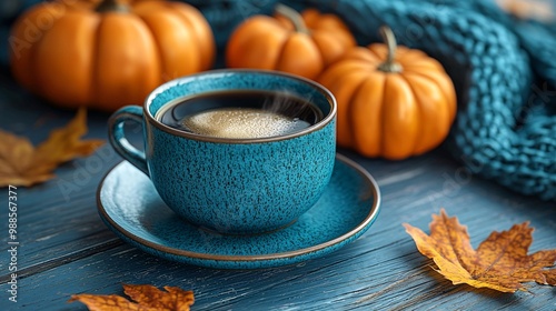 A cozy autumn scene with a teal coffee cup, orange pumpkins, and warm leaves, perfect for Thanksgiving and Halloween-themed events and decor.