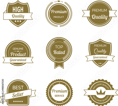 Vector illustration set of high quality labels and badges in minimalist gold color. Includes premium, certified designs for seals and stamps. Ideal to signify best standards and guaranteed quality.