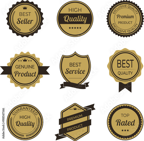 Vector illustration set of high quality label and badge in minimalist gold and black color. Includes premium, certified designs for seal and stamp. Perfect for trusted, genuine, and approved branding.