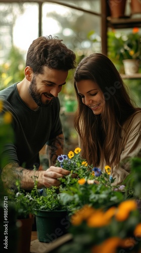 Couple caucasian man and woman wife and husband planting flowers together taking care of home plants