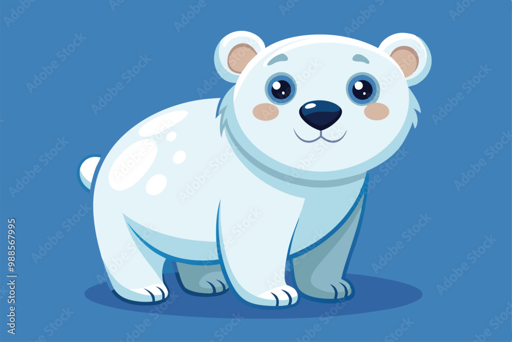 Naklejka premium The charming polar bear happily explores its snowy surroundings under a bright blue sky, a cartoon character Cute Polar bear