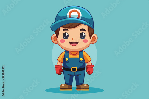 A cheerful plumber character wearing blue overalls and a cap, ready for his next adventure amidst a colorful backdrop, a cartoon character Cute Plumber