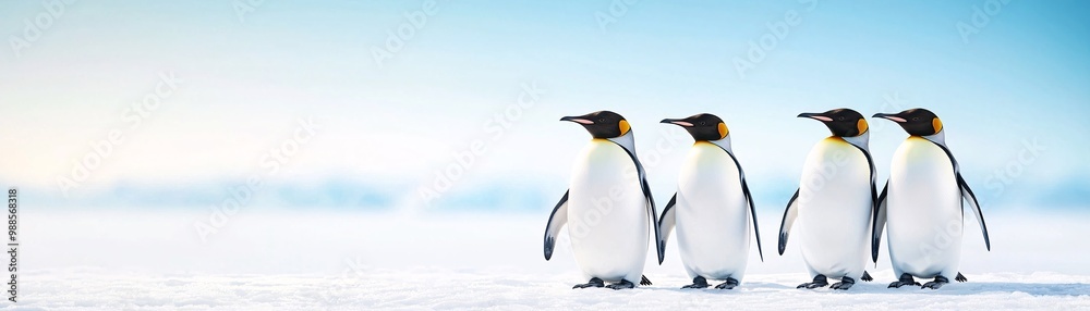 Fototapeta premium Penguins huddling together on an ice shore.