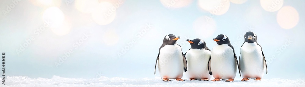 Fototapeta premium Penguins huddling together on an ice shore.
