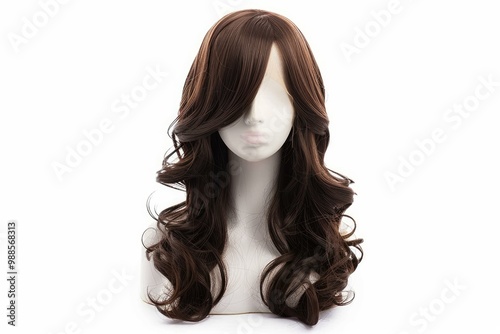 Mannequin head with long brown wavy hair wig on white background