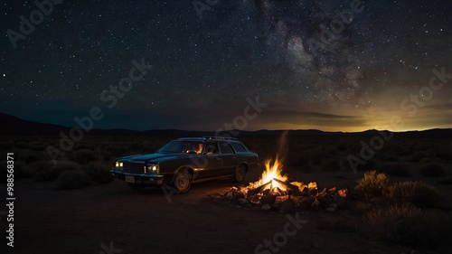 Car lit by a campfire against a night sky backdrop.