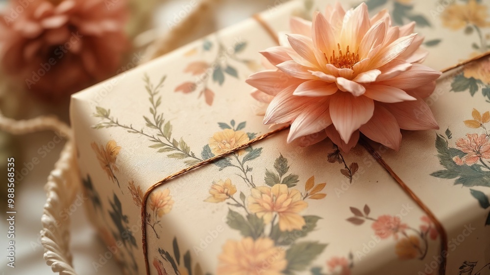 Beautifully wrapped gift box with floral pattern and decorative flower, perfect for special occasions Beautifully wrapped gift box with floral pattern and decorative flower, perfect for special occasions