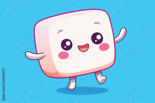 A cute square marshmallow character happily dances against a vibrant blue backdrop, a cartoon character Cute square marshmallow