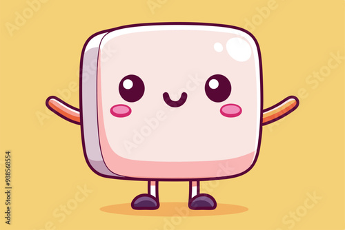 A cute square marshmallow character stands with joy, showcasing a friendly smile and playful demeanor, a cartoon character Cute square marshmallow