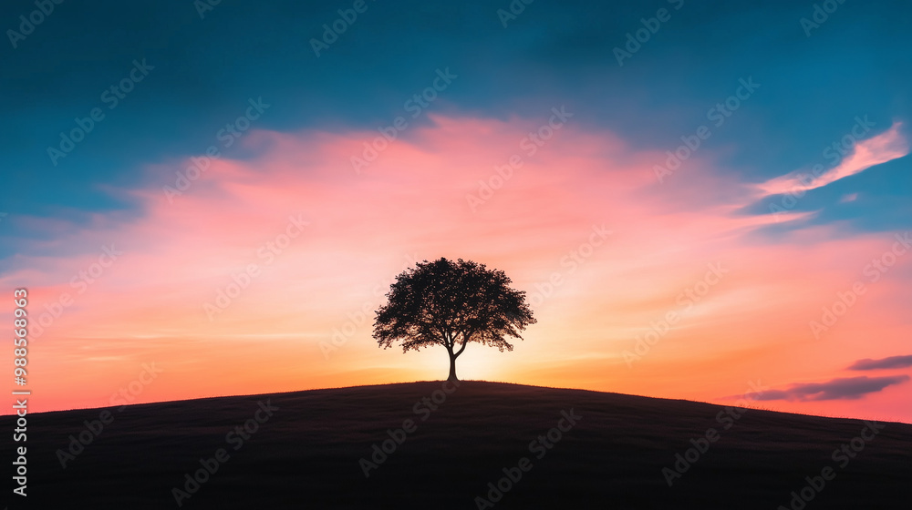 High-contrast silhouette of a lone tree against a vibrant sunset. High-contrast silhouette of a lone tree against a vibrant sunset.