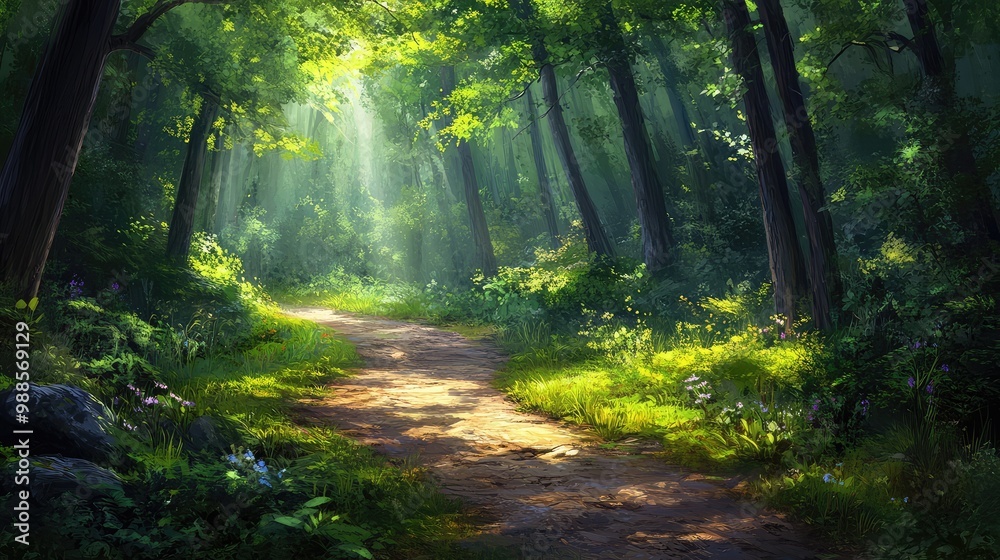 Obraz premium A quiet, winding path through a lush green forest, dappled sunlight streaming through the leaves and creating a peaceful atmosphere.