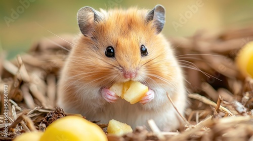 a hamster nibbling on a small piece of fruit or vegetable in a cozy habitat.