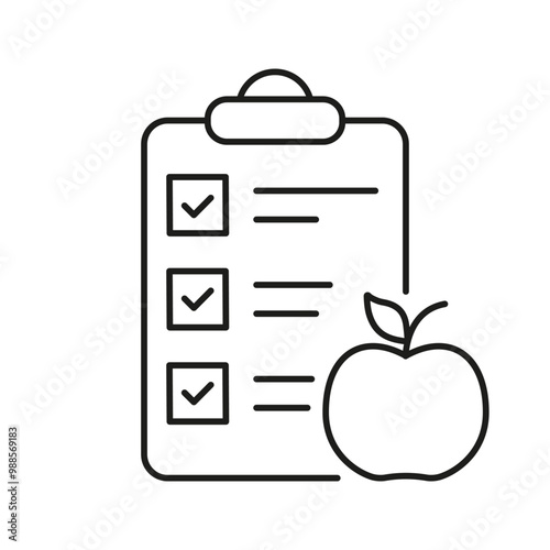 Diet Planning Checklist With Apple Line Icon, Healthy Food And Nutrition Concept, Wellness And Diet Design. Nutritious Food Choices. Isolated Vector Illustration