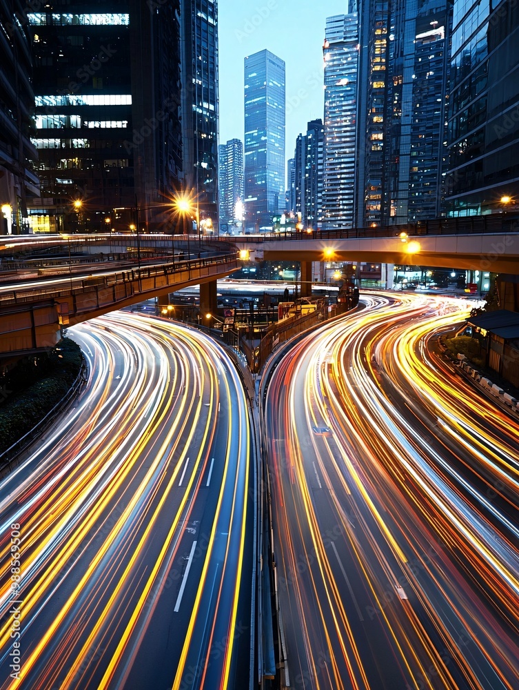 Obraz premium City traffic at night with light trails from cars, wide shot, vibrant urban glow.