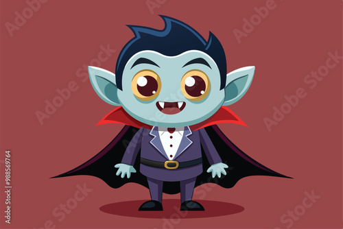 A cute cartoon vampire in a tuxedo smiles widely, showcasing playful appeal and friendly demeanor, a cartoon character cute vampire