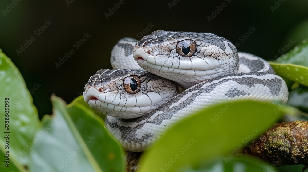 Obraz premium Two Carpet Python Resting on Branch, Beautiful Scale Pattern of Carpet Snake in Close-Up