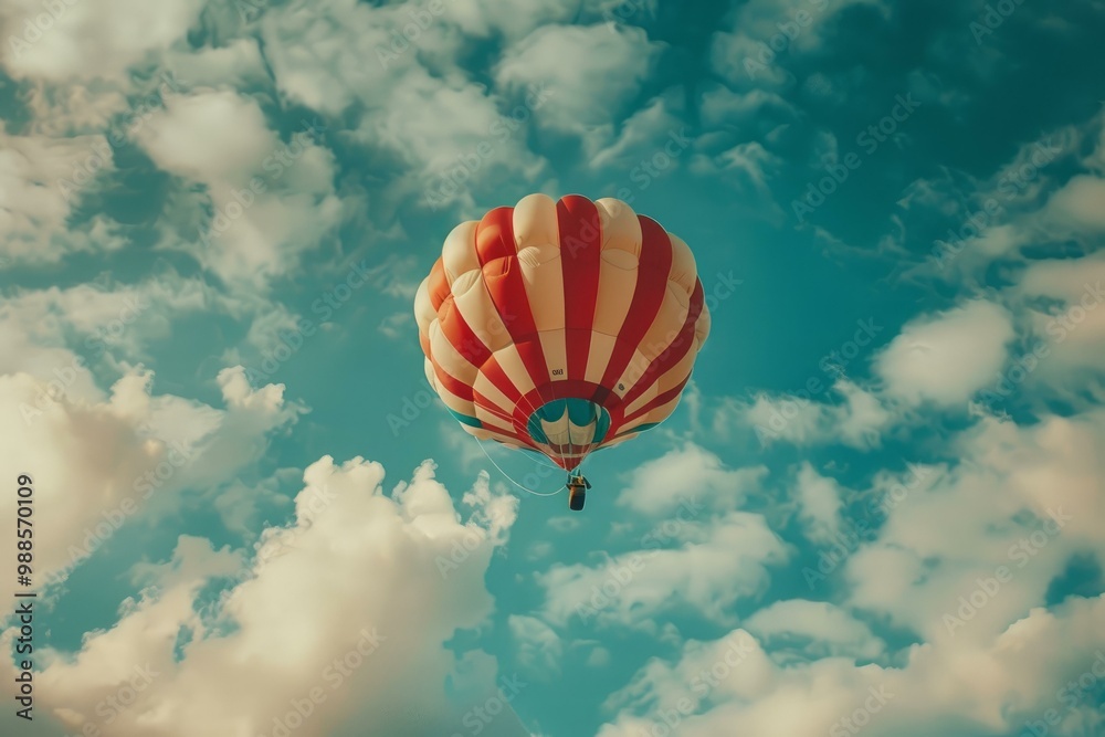 Fototapeta premium Red and white hot air balloon is peacefully floating in a blue sky filled with fluffy white clouds