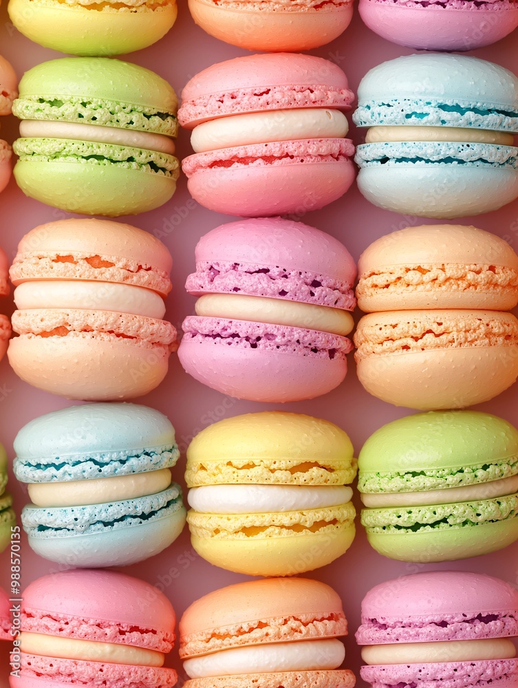 Fototapeta premium Brightly colored macaroons arranged in a neat row.