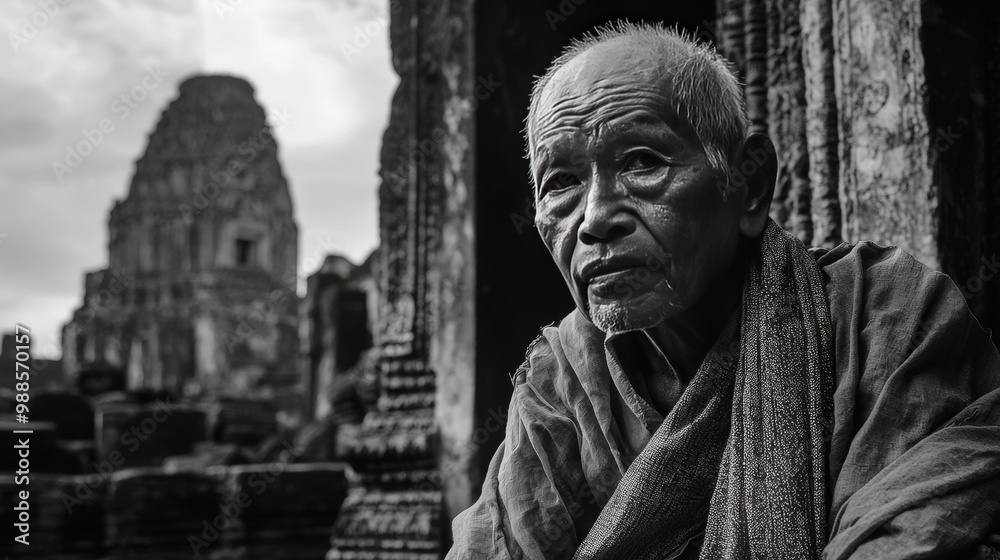 Fototapeta premium Black and White Wide-Angle Shot of an Elderly Cambodian Man Wearing a Traditional Krama Scarf, Sitting Before Ancient Temple Ruins, Conveying History and Serenity
