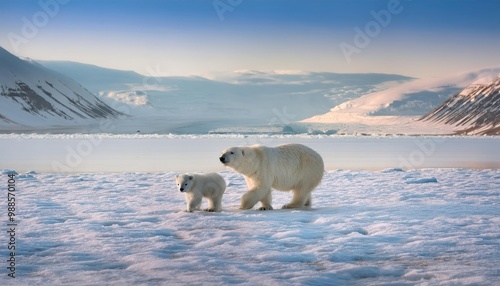 Polar bear with cub on an icefield in Svalbard. 