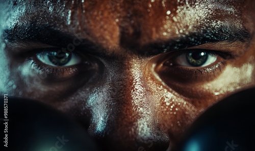 Close-up of a sweaty man's face.