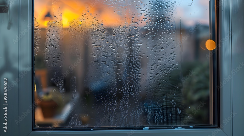 Condensation on a Window Pane with a Blurred Evening View.
