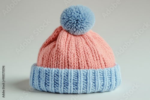 Pink and Blue Knitted Hat with Pom Pom