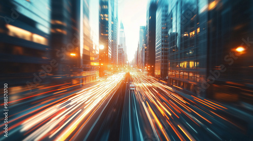 Time-lapse effect of city life, with lights streaking across the skyline at dusk.