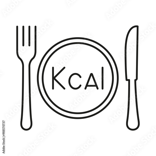 Calorie Count Line Icon With Plate, Fork, Knife. Healthy Dining And Nutrition Outline Icon. Healthy Eating And Diet. Isolated Vector Illustration