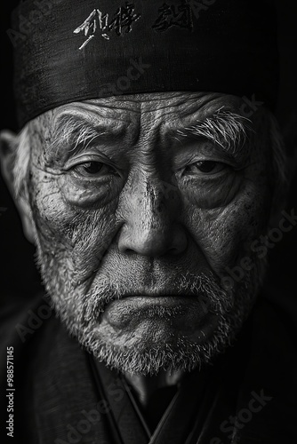 Close-Up Black and White Portrait of an Elderly Japanese Man in Traditional Samurai Robe and Headband, Emphasizing Deep Wrinkles and Stern Expression