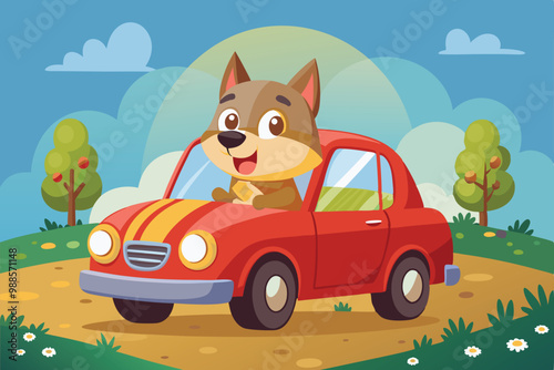 A cartoon dog happily drives a red car through a sunny park filled with trees and flowers, a cartoon character dog in car
