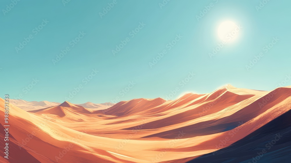 Fototapeta premium A remote desert landscape with rolling sand dunes stretching out under the bright sun, casting long shadows across the ground.