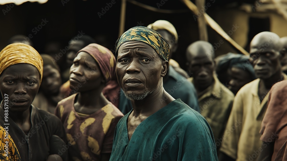 Fototapeta premium Men and women gather in a lively village in Enugu, Nigeria