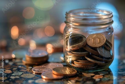 Dogecoins stacked in a glass jar showing the concept of saving money photo