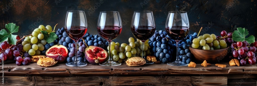 Wine Ingredients. Menu for Celebration: Varieties Of Grapes, Fresh Snacks, Red Wine Glasses Wine Ingredients. Menu for Celebration: Varieties Of Grapes, Fresh Snacks, Red Wine Glasses