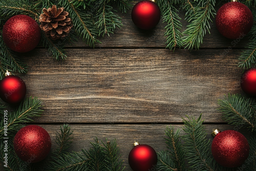christmas frame with red balls and fir branches with generative ai
